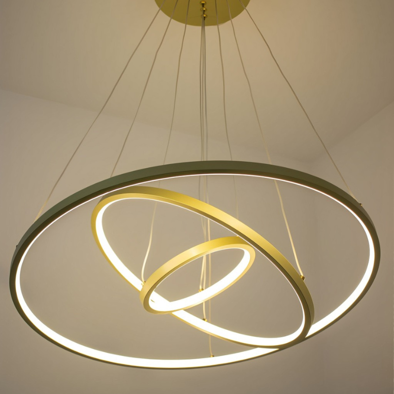 Lustre Pendente Aliança com 4 Anéis Dourados + BRINDE: Controle Remoto