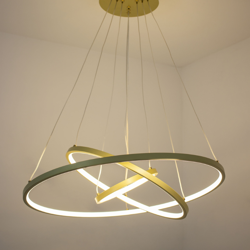 Lustre Pendente Aliança com 4 Anéis Dourados + BRINDE: Controle Remoto