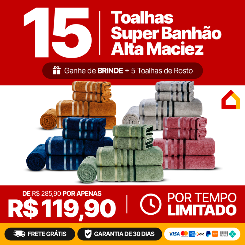 Kit com 15 Toalhas Banhão de Alta Maciez e Absorção + 5 Toalhas de Rosto de Brinde